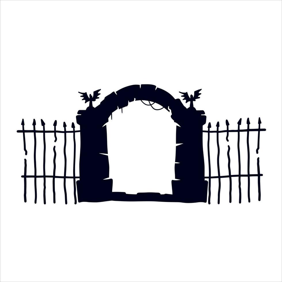 oud hek van begraafplaats. halloween decoratie. zwart silhouet van somber muur. vlak illustratie geïsoleerd Aan wit vector