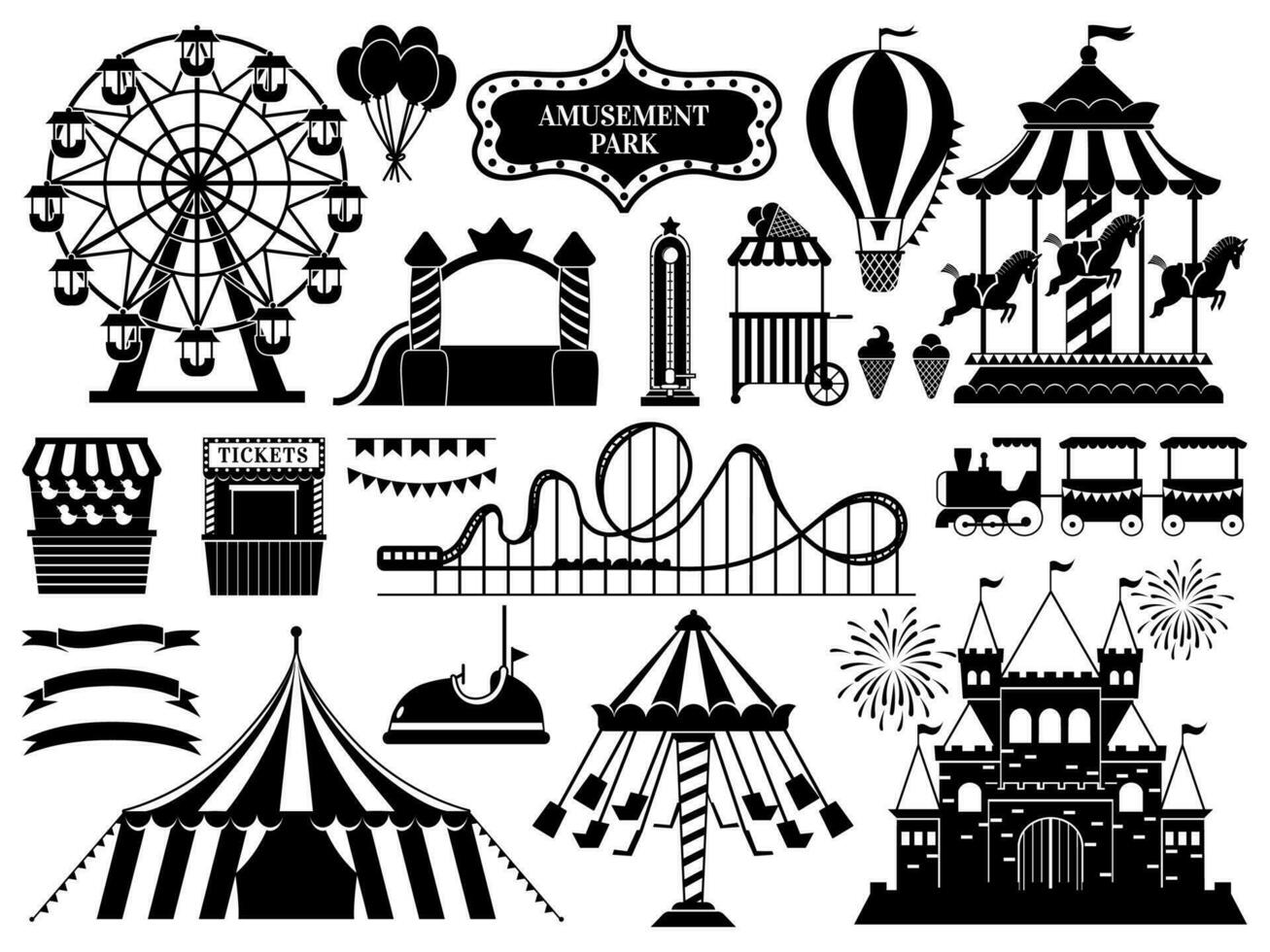amusement park silhouet. carnaval parken carrousel aantrekkingskracht, pret achtbaan en ferris wiel attracties vector pictogrammen reeks