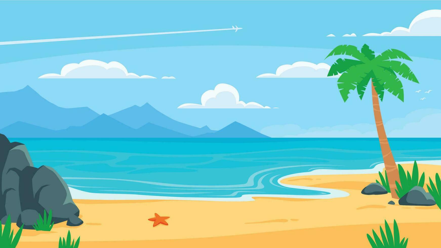 zomer strand achtergrond. zanderig kust, zee kust met palm boom en roeping kust reizen vector tekenfilm backdrop illustratie
