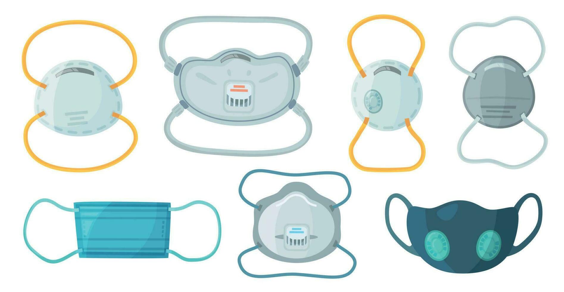 veiligheid ademen maskers. industrieel veiligheid n95 masker, stof bescherming gasmasker en ademen medisch ademhalings masker vector reeks