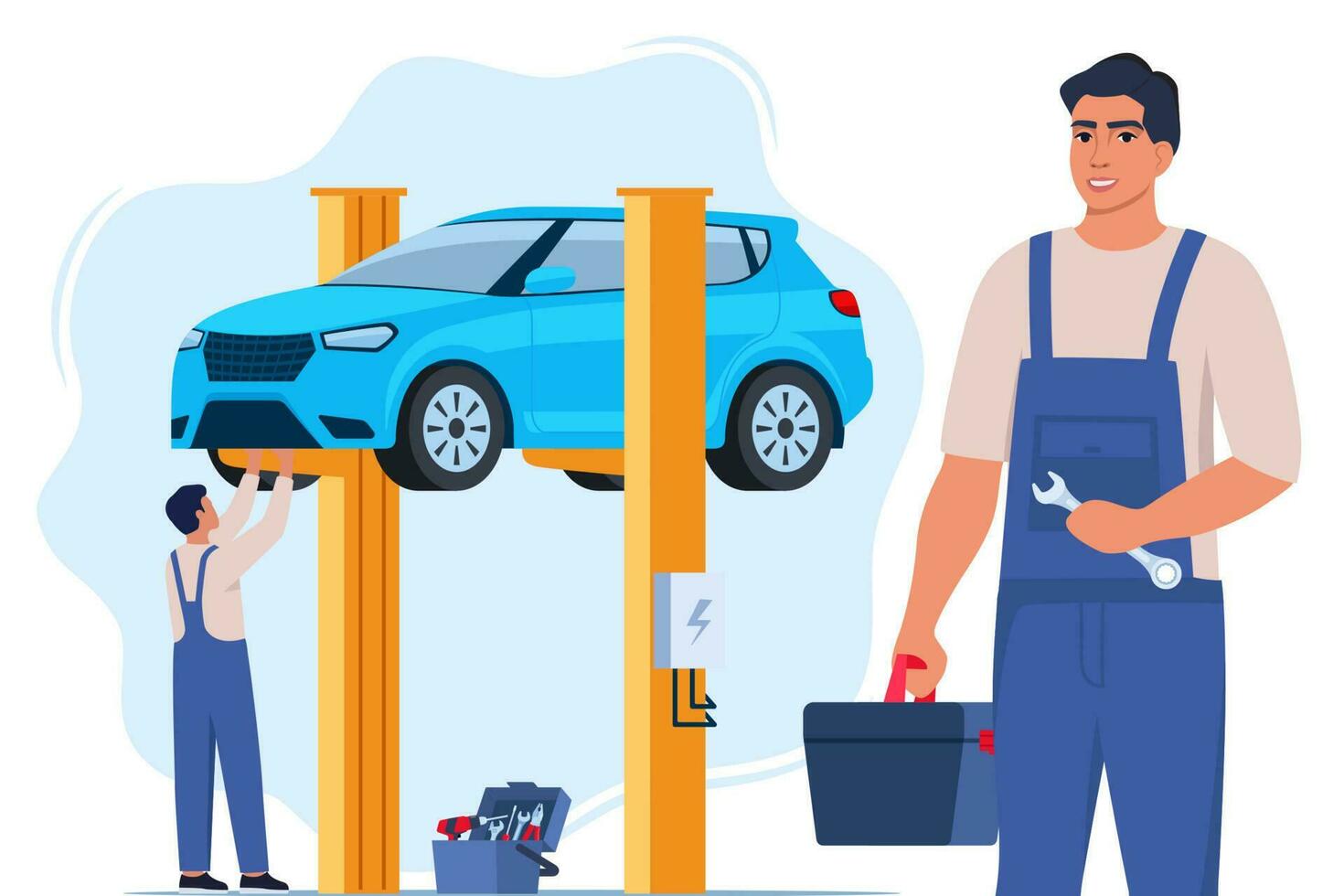 auto reparatie. auto monteur in de buurt de auto opgeheven Aan autoliften. auto onderhoud en reparatie, diagnostiek. auto onderhoud. vector illustratie.