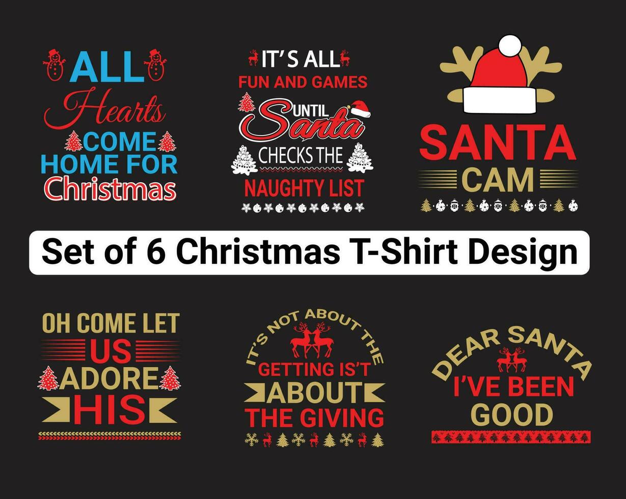 Kerstmis t-shirt ontwerp bundel, stel van 6 Kerstmis t-shirt ontwerp, en sjabloon vector