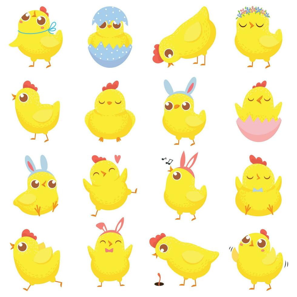 Pasen kuikens. voorjaar baby kip, schattig geel kuiken en grappig kippen geïsoleerd tekenfilm vector illustratie reeks