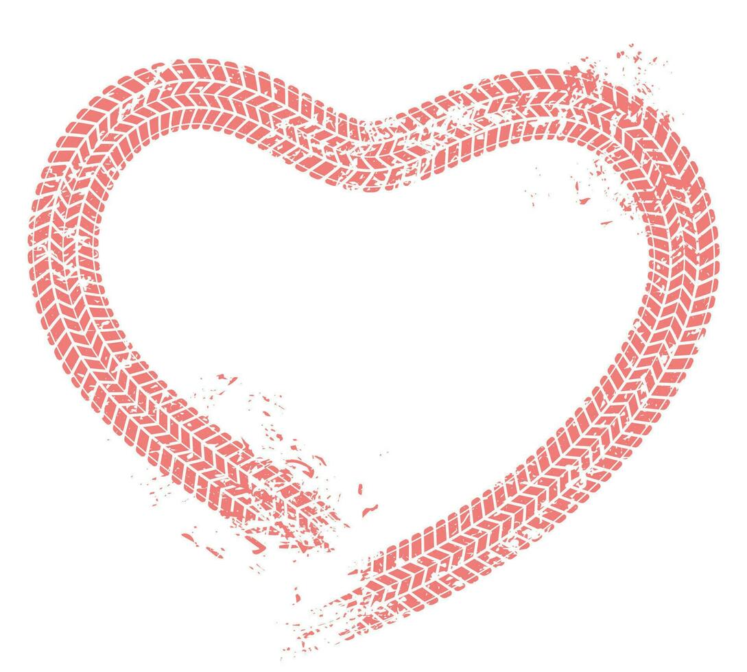 band sporen hart. automobilist liefde, harten band bijhouden en motor auto liefhebber valentijnsdag kaart grunge vector illustratie