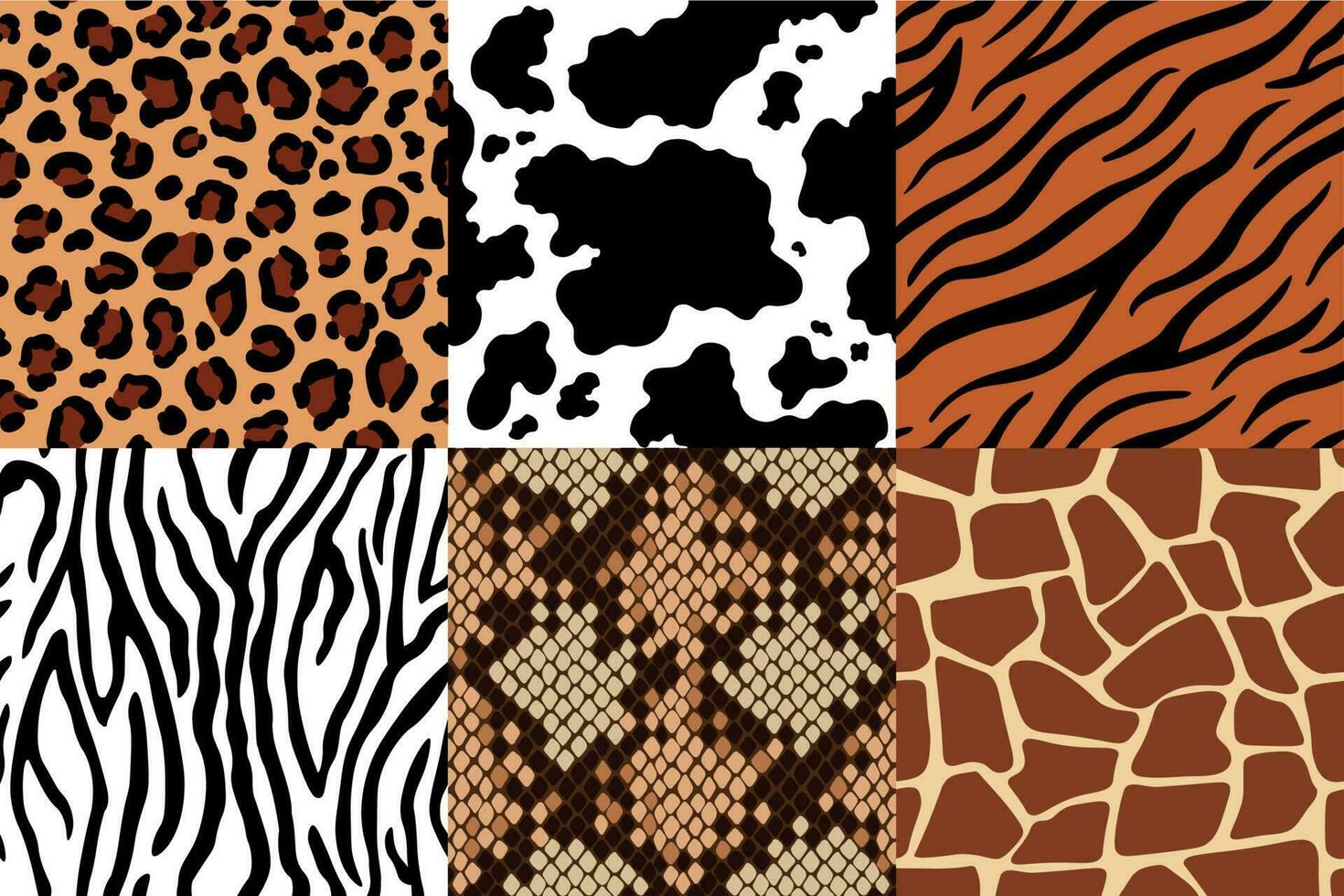 dier huiden patroon. luipaard leer, kleding stof zebra en tijger huid. safari giraffe, koe afdrukken en slang naadloos patronen vector reeks