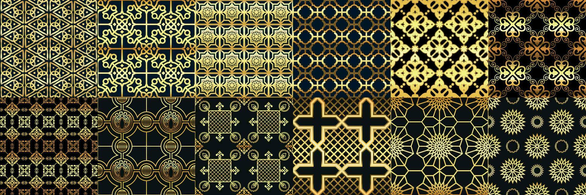 gouden Arabisch ornamenten naadloos patroon. Arabieren mode, meetkundig Islamitisch ornament en goud Ramadan kader patronen vector reeks