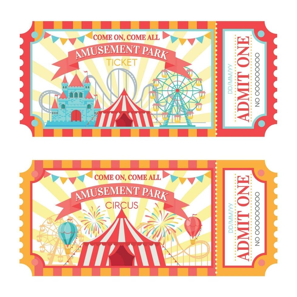 amusement park ticket. toegeven een circus toelating kaartjes, familie park attracties festival en grappig kermis vector illustratie