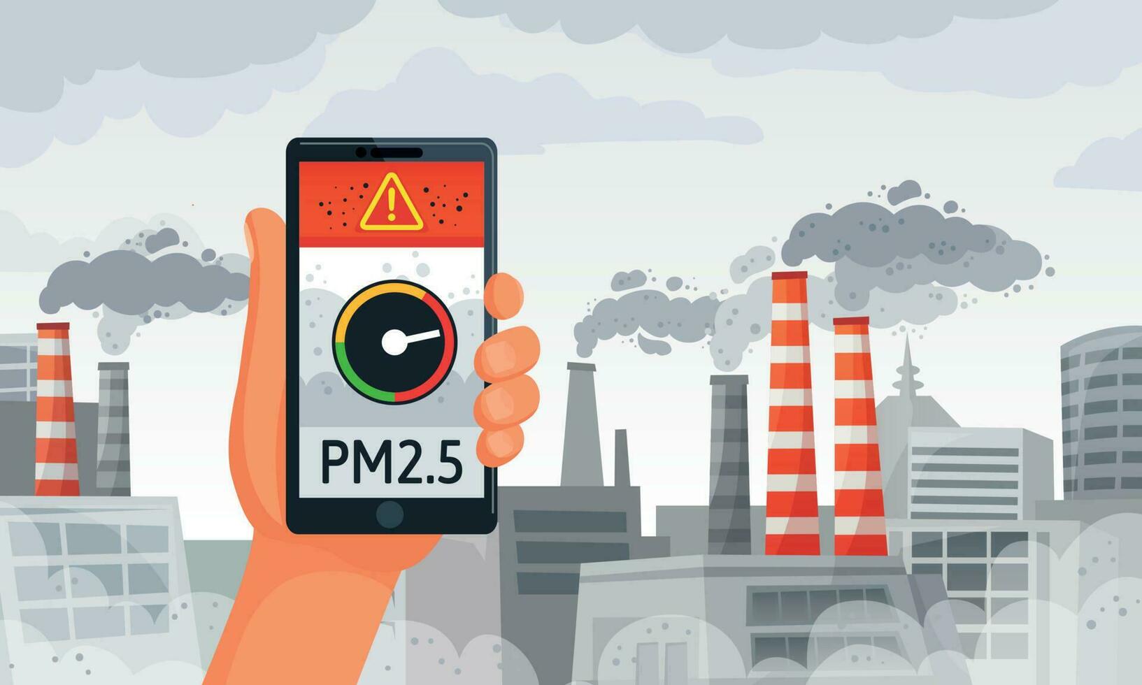 lucht verontreiniging alert. pm2.5 waarschuwingen meter smartphone kennisgeving, vuil lucht en vuil milieu vector illustratie