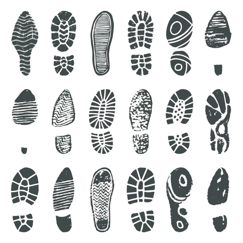 schoenen voetafdruk silhouet. sneaker schoenen stap, wandelen bagageruimte schoen stappen afdruk en Mens voeten laarzen geïsoleerd vector illustratie