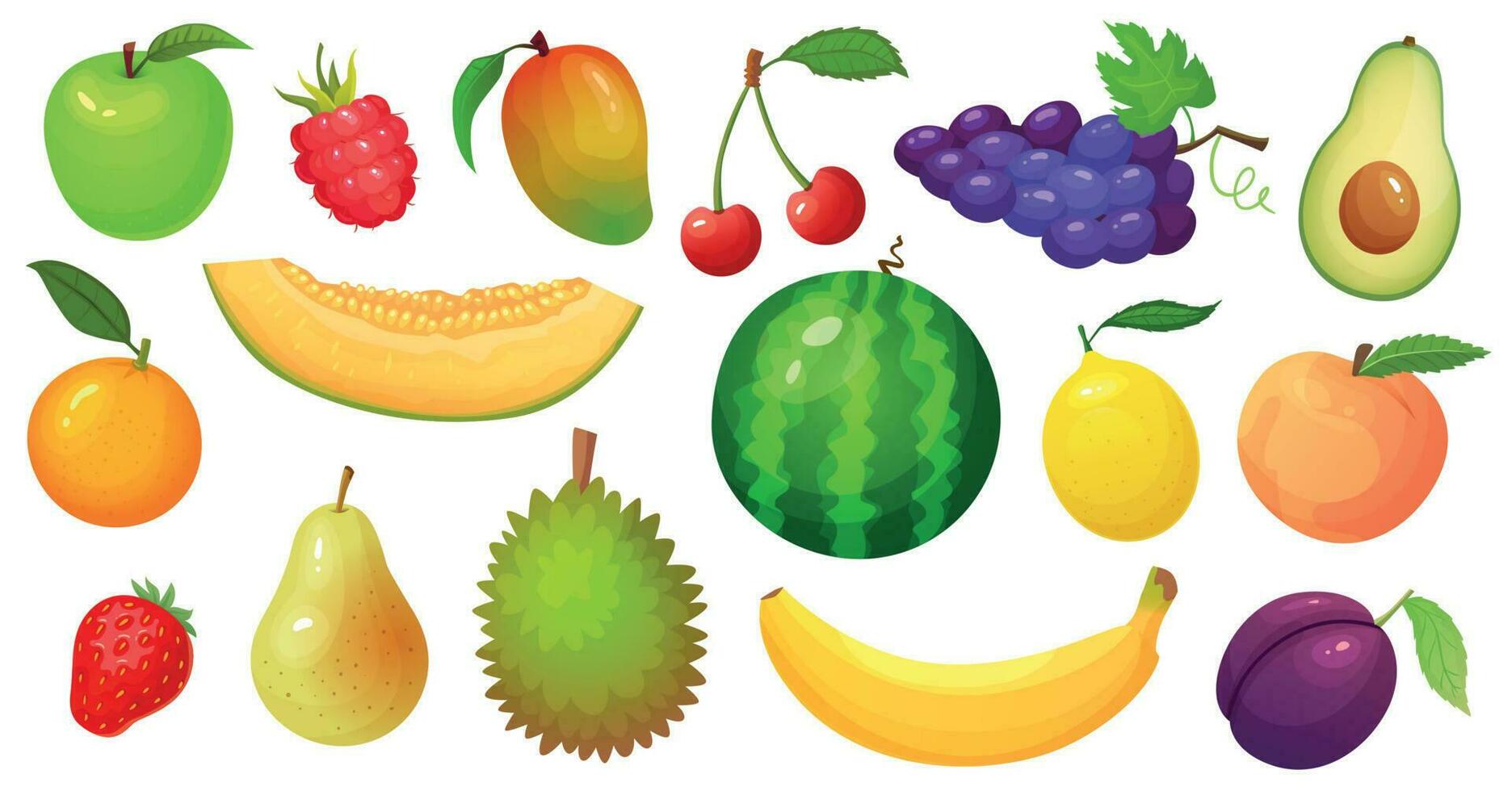 tekenfilm vruchten. mango fruit, meloen plak en tropisch banaan. framboos bessen, watermeloen en appel vector illustratie reeks