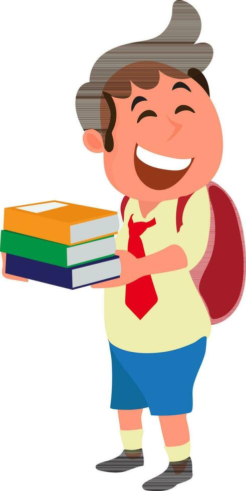 tekenfilm jongen in school- uniform met boek en tas. vector