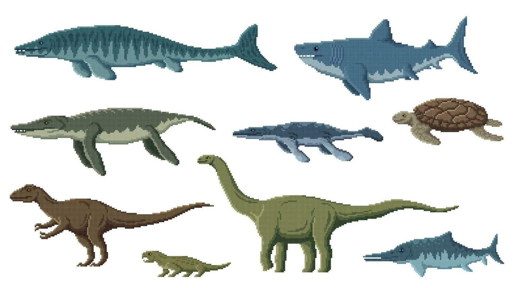 pixel dinosaurus karakters, 8 beetje speelhal dieren vector