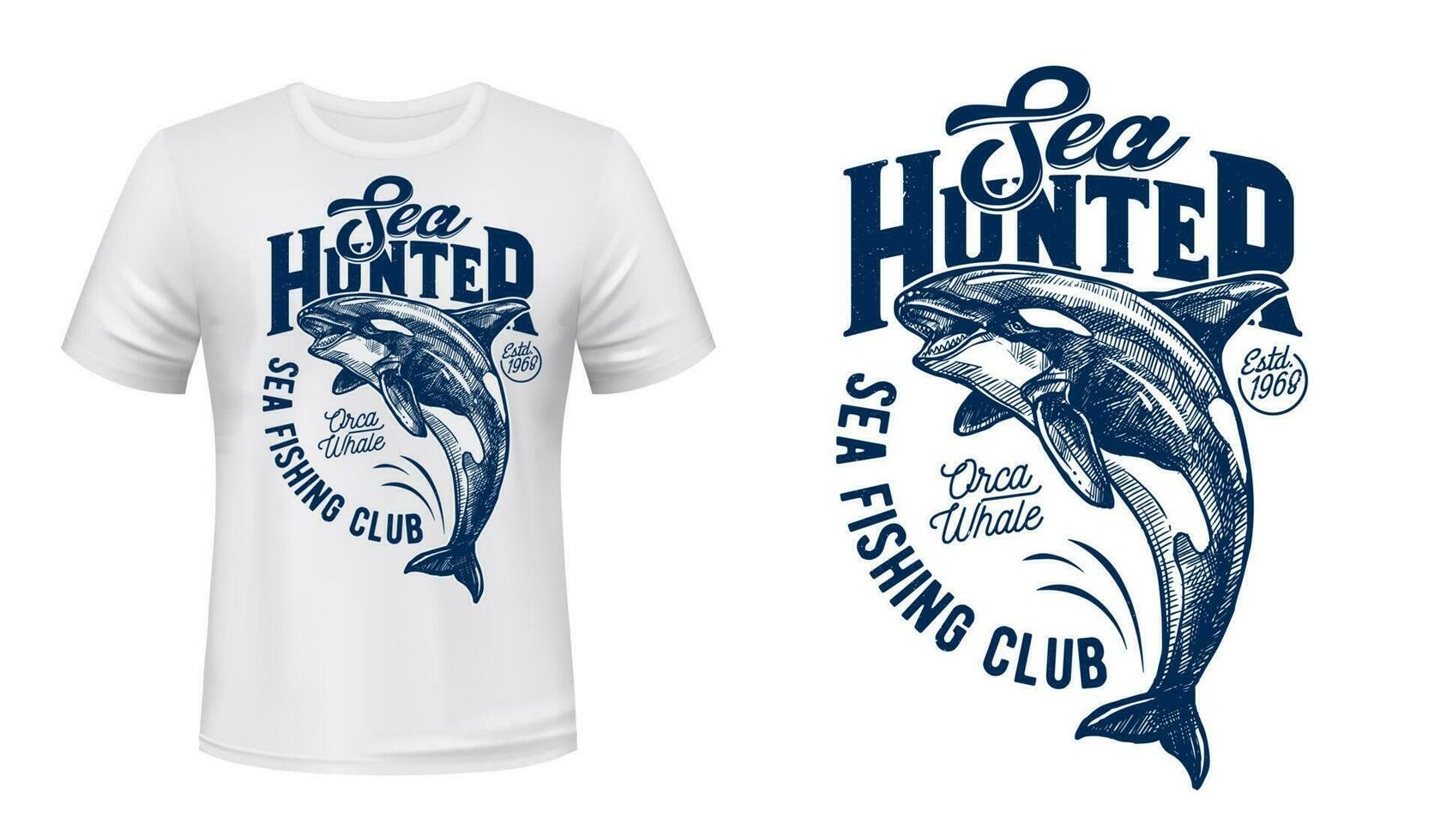 moordenaar walvis afdrukken mockup van visvangst club t-shirt vector