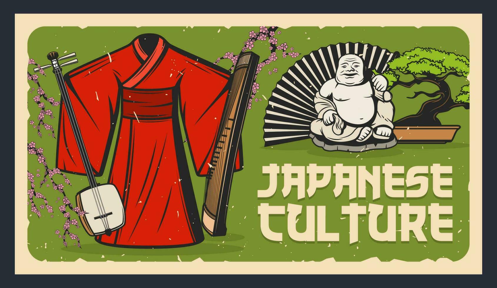 Japan bonsai, netsuke, kimono, shamisen en geisha vector