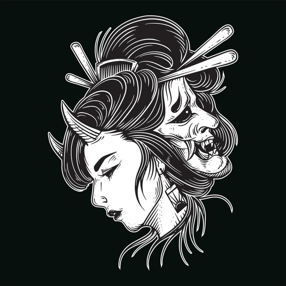 donker kunst Japans meisje roos geisha vrouw schedel masker tatoeëren traditioneel illustratie vector