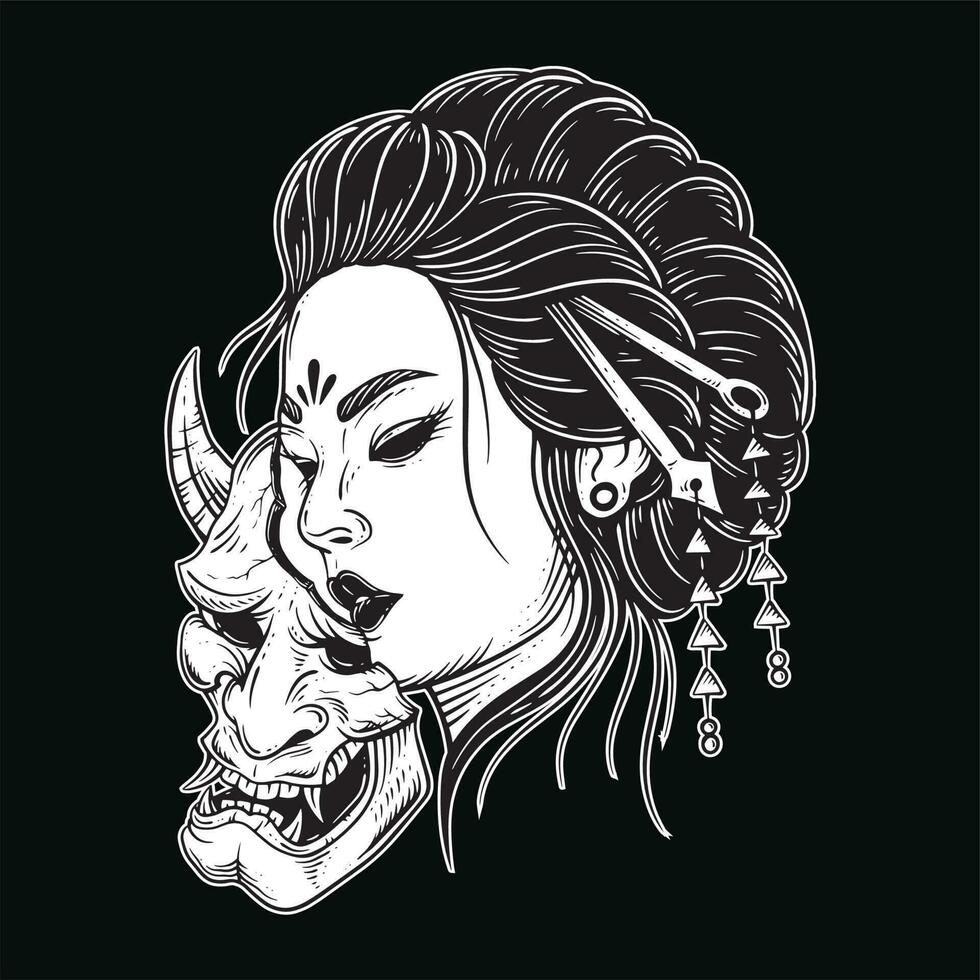 donker kunst Japans meisje roos geisha vrouw schedel masker tatoeëren traditioneel illustratie vector