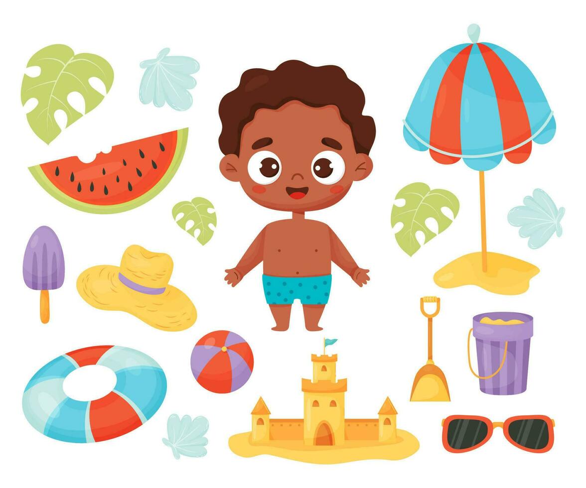 verzameling kinderen zomer tijd. gelukkig etnisch jongen met strand accessoires, rubber cirkel, zon paraplu, zand kasteel, watermeloen, rietje hoed en schelpen. geïsoleerd vector illustratie in tekenfilm stijl.