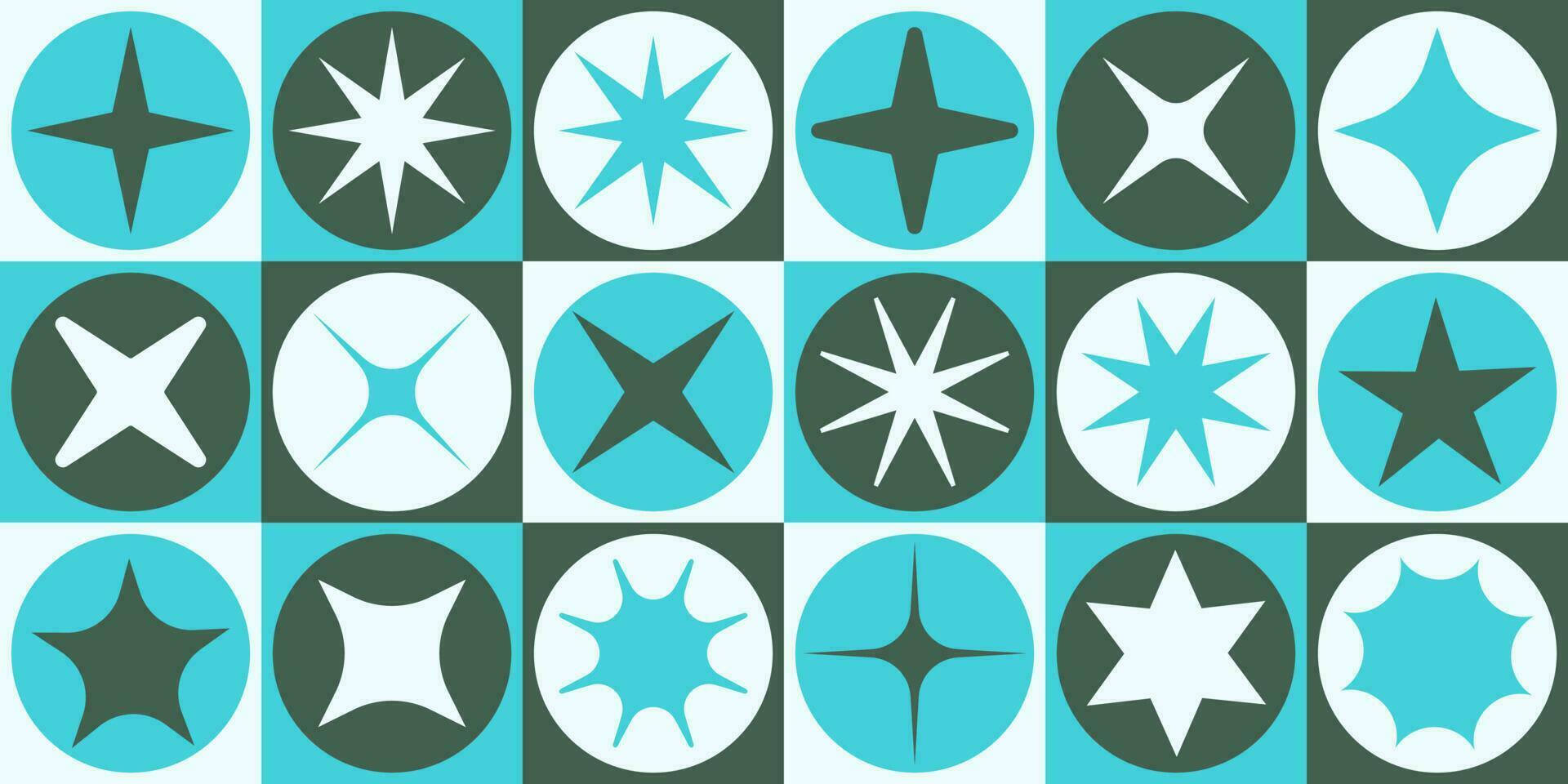 y2k modieus vorm patroon met sterren en sparkles invallen gekleurde tegels, jaren 2000 meetkundig decoratief patroon. vector