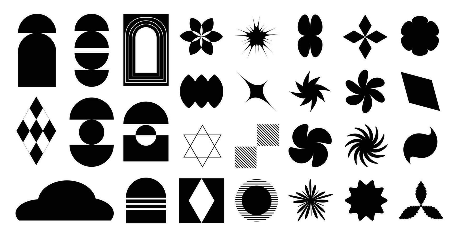 verzameling van meetkundig vormen Aan wit achtergrond. abstract zwart kleur icoon element van bloem, wolk, pixel, sprankelend, verschillend vormen. icoon grafisch ontwerp voor decoratie, logo, bedrijf, advertenties. vector