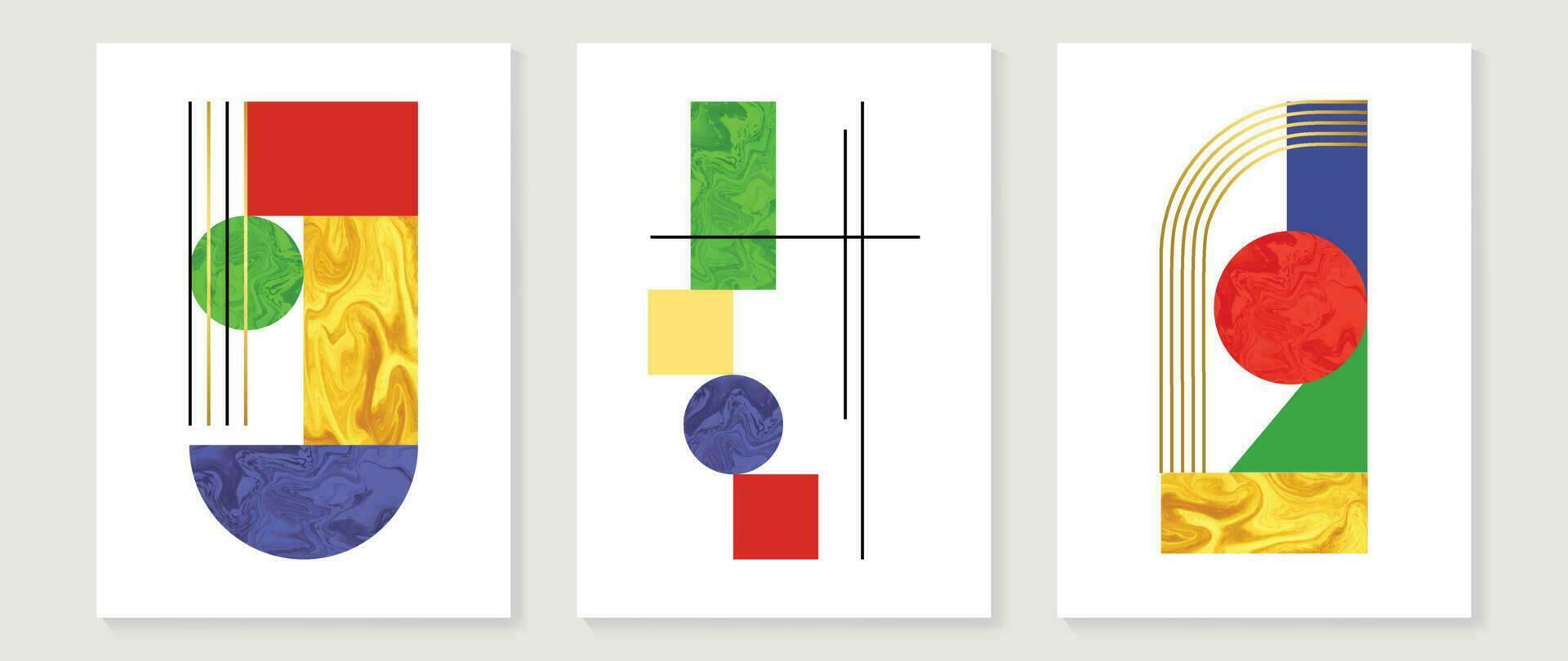 abstract meetkundig muur kunst achtergrond vector. reeks van modern muur decoratie met vormen, cirkel, driehoek, lijnen, goud, marmeren textuur. modieus behang illustratie voor interieur, afdrukken, omslag. vector