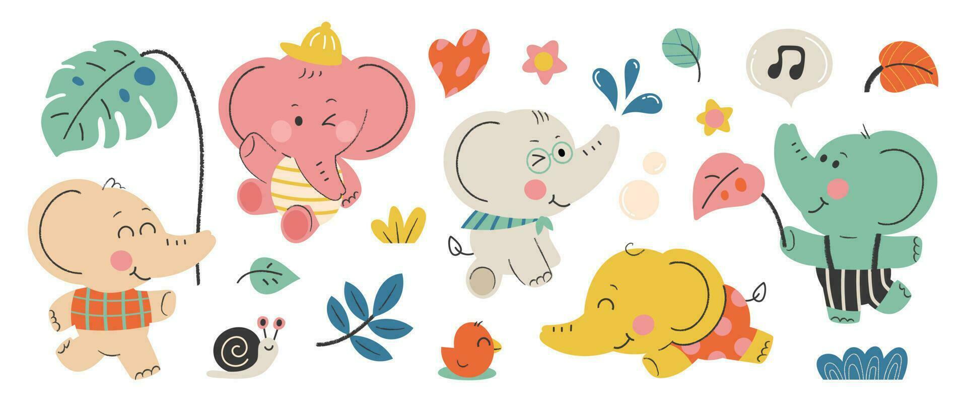 reeks van schattig olifanten vector. aanbiddelijk wild leven olifant in verschillend poseert, Vrolijk, zitten, kuiken, slak, bloem. gelukkig wild dieren illustratie ontwerp voor opleiding, kinderen, poster, stickers. vector