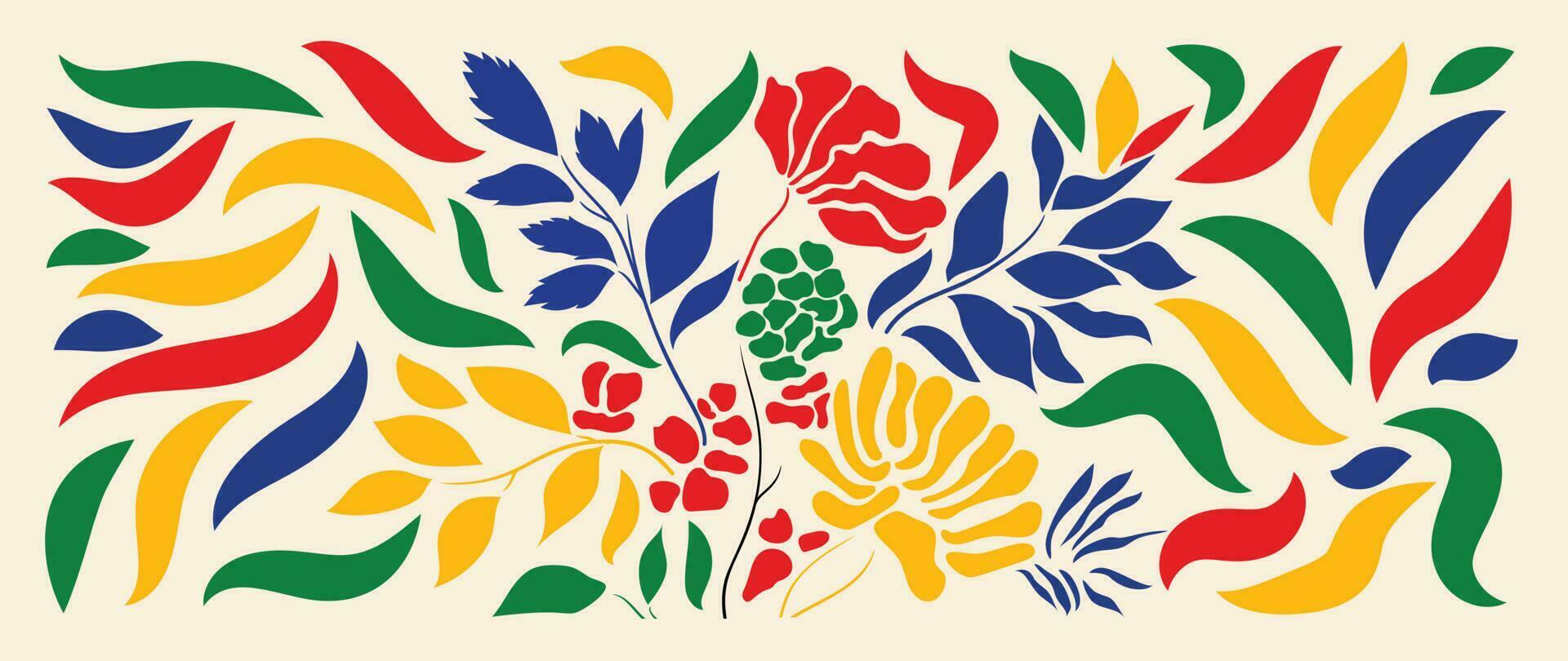 kleurrijk botanisch achtergrond vector. abstract natuurlijk hand- getrokken patroon ontwerp met bloem, bladeren, Afdeling. gemakkelijk hedendaags stijl geïllustreerd ontwerp voor kleding stof, afdrukken, omslag, banier, behang. vector