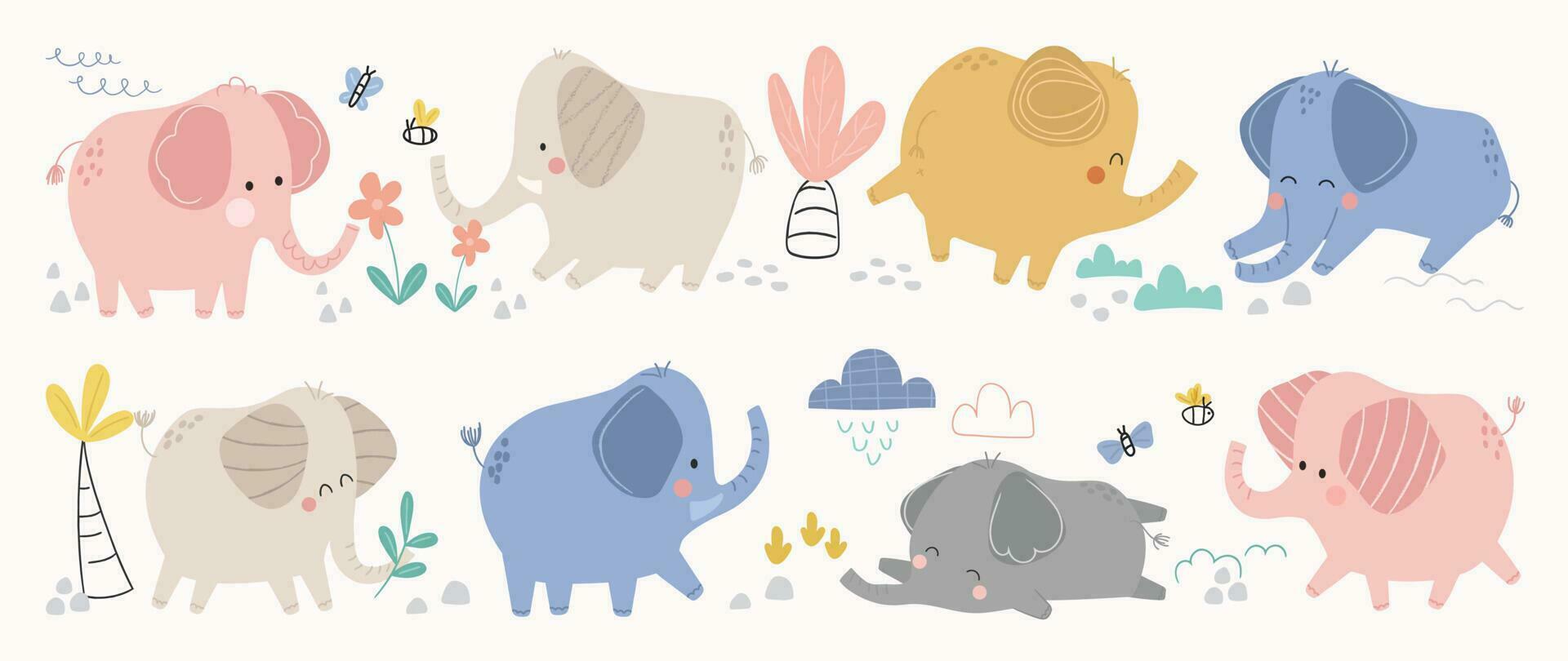 reeks van schattig olifanten vector. aanbiddelijk wild leven olifant in verschillend poseert, Vrolijk, zitten, vlinder, bloem, boom. gelukkig wild dieren illustratie ontwerp voor opleiding, kinderen, poster, stickers. vector