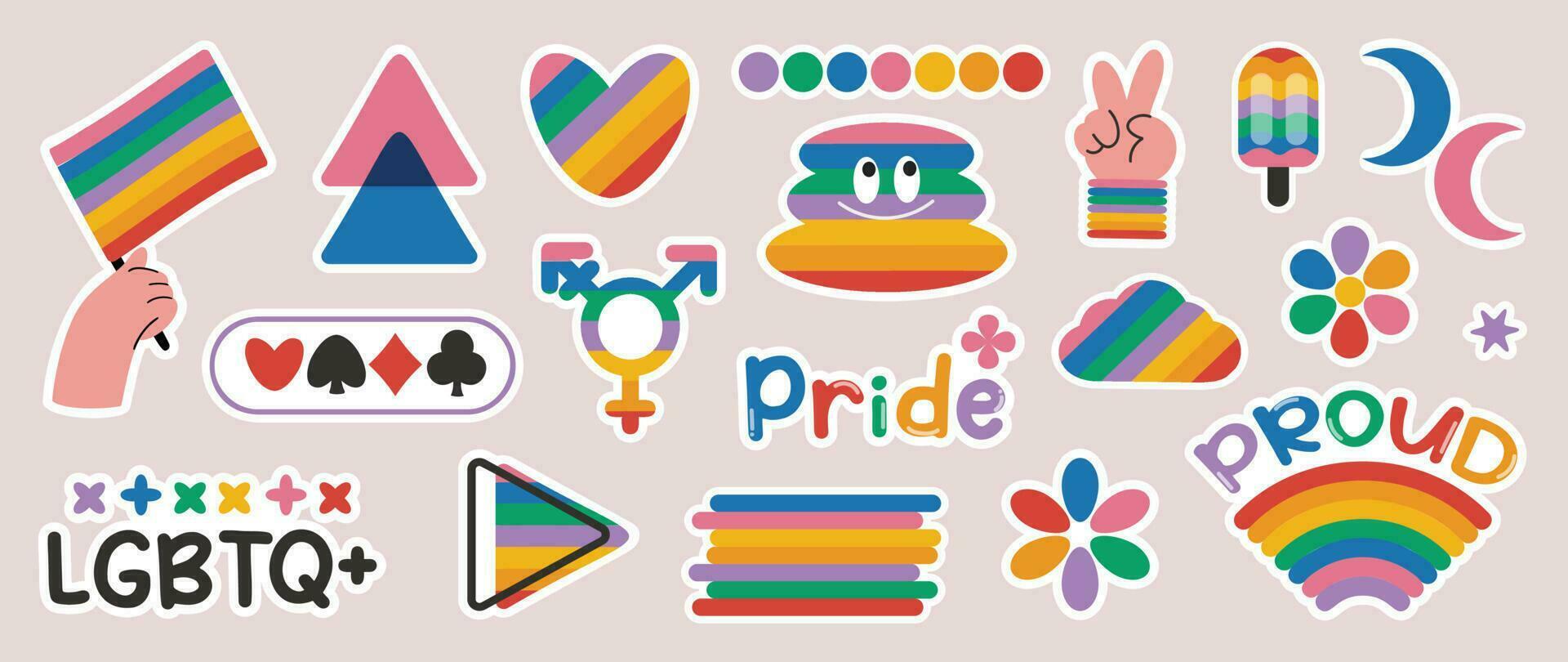 gelukkig trots lgbtq element set. lgbtq gemeenschap symbolen met regenboog vlag, hart, vlinder. elementen geïllustreerd voor trots maand, biseksueel, transgender, geslacht gelijkwaardigheid, sticker, rechten concept. vector