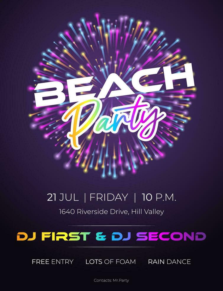 kleurrijk strand partij poster met neon vuurwerk. zomertijd achtergronden. uitnodiging folder ontwerp. helder neon brochure, modern neiging ontwerp, licht banier, typografie uitnodiging naar de feest. vector