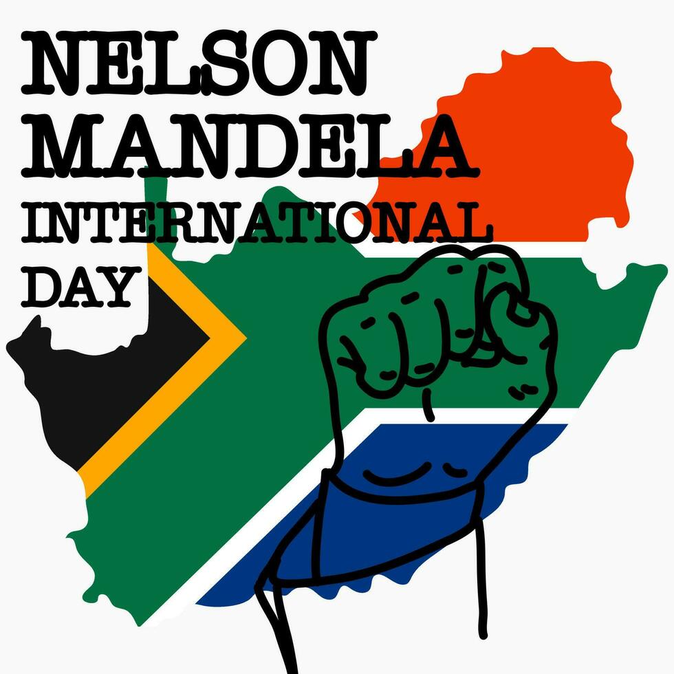 Nelson mandela Internationale dag. voorraad vector illustratie. contour tekening met een verheven hand- in een vuist tegen de achtergrond van de vlag en de schets van zuiden Afrika. rechten, kracht, zege