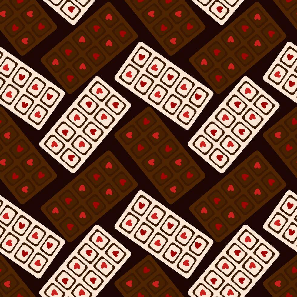 een patroon van donker en wit chocola tegels met harten Aan elk plak. chocola bars Aan een donker achtergrond. naadloos achtergrond voor het drukken Aan textiel en papier. geschenk omhulsel voor de vakantie vector