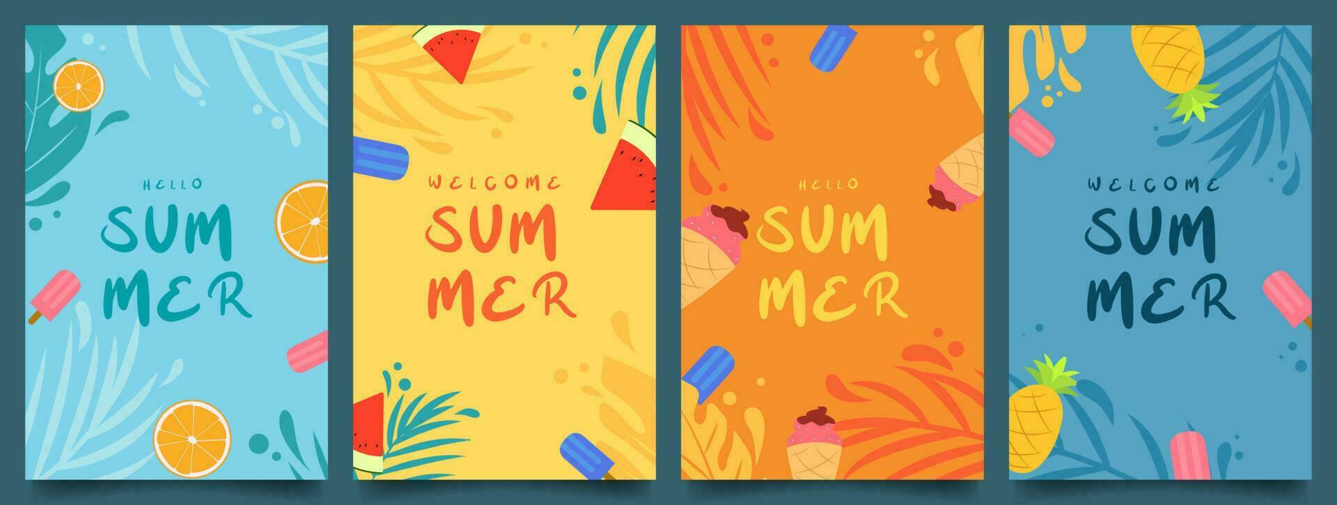 reeks gemakkelijk vlak verticaal zomer plons ontwerp met blad, ijs room, watermeloen, ananas en citroen achtergrond vector illustratie eps10