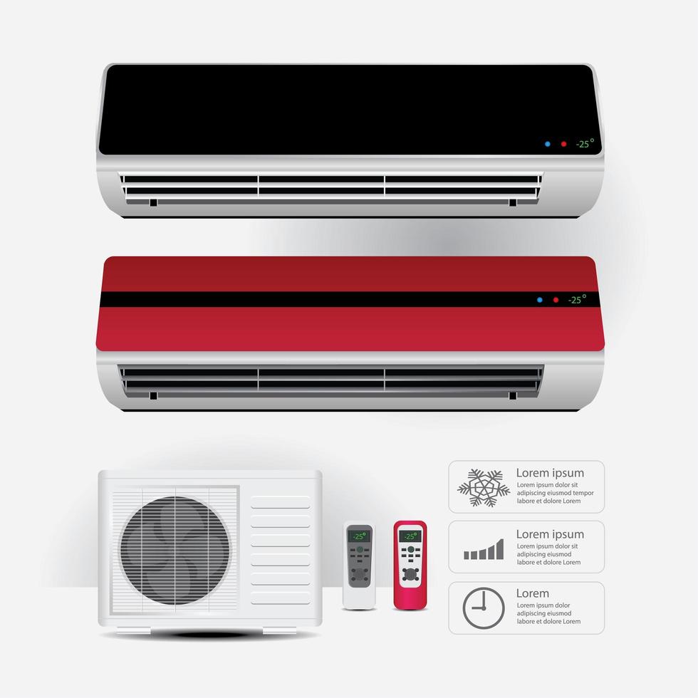 realistische airconditioner en afstandsbediening met de vectorillustratie van koude luchtsymbolen vector