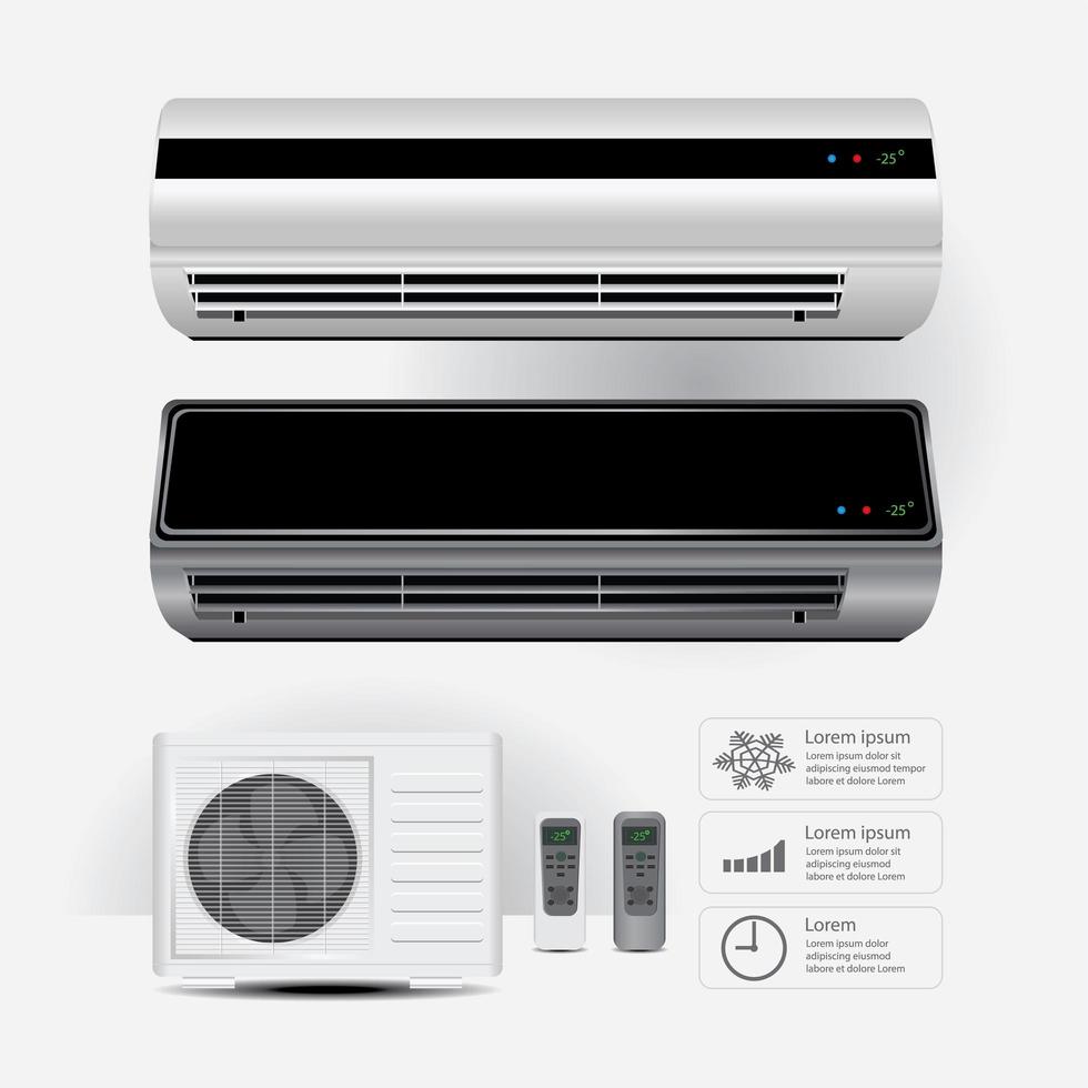 realistische airconditioner en afstandsbediening met de vectorillustratie van koude luchtsymbolen vector