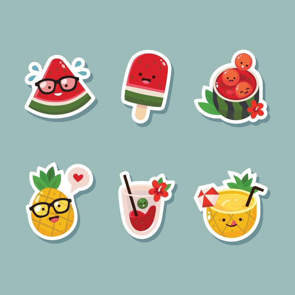 set van schattige watermeloen en ananas sticker vector