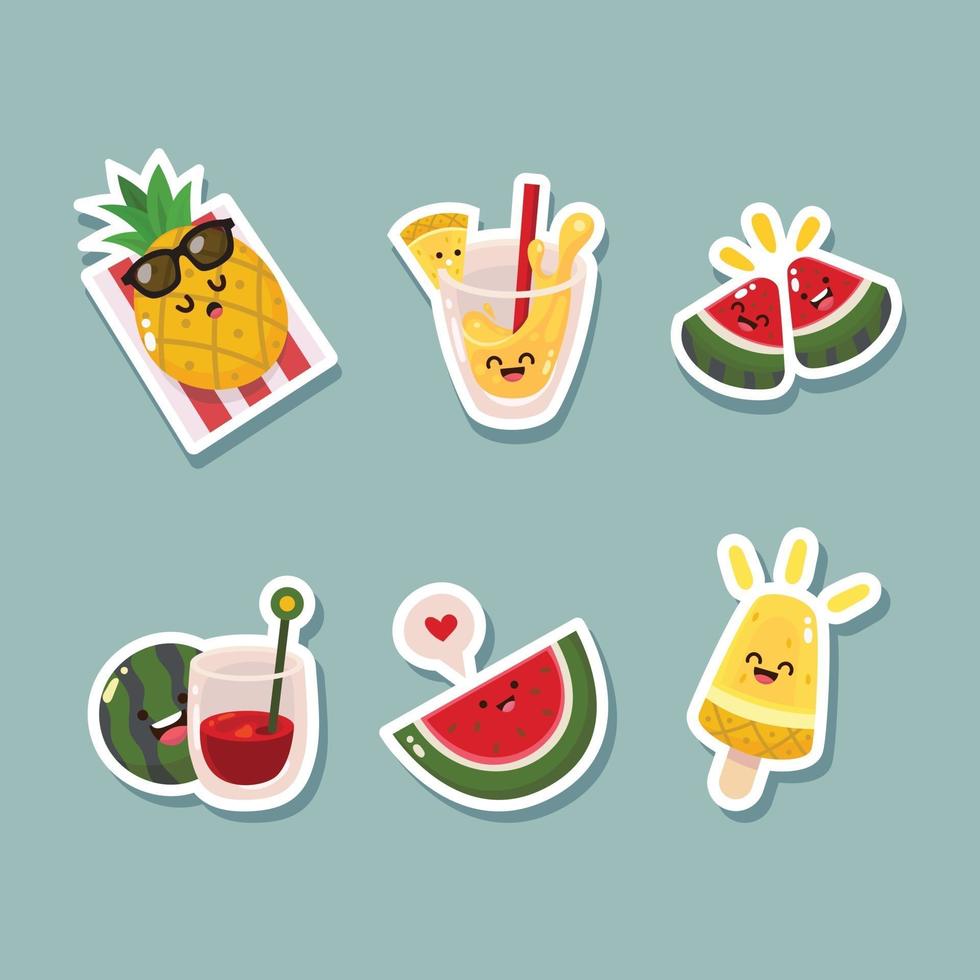 set van schattige watermeloen en ananas fruit sticker vector