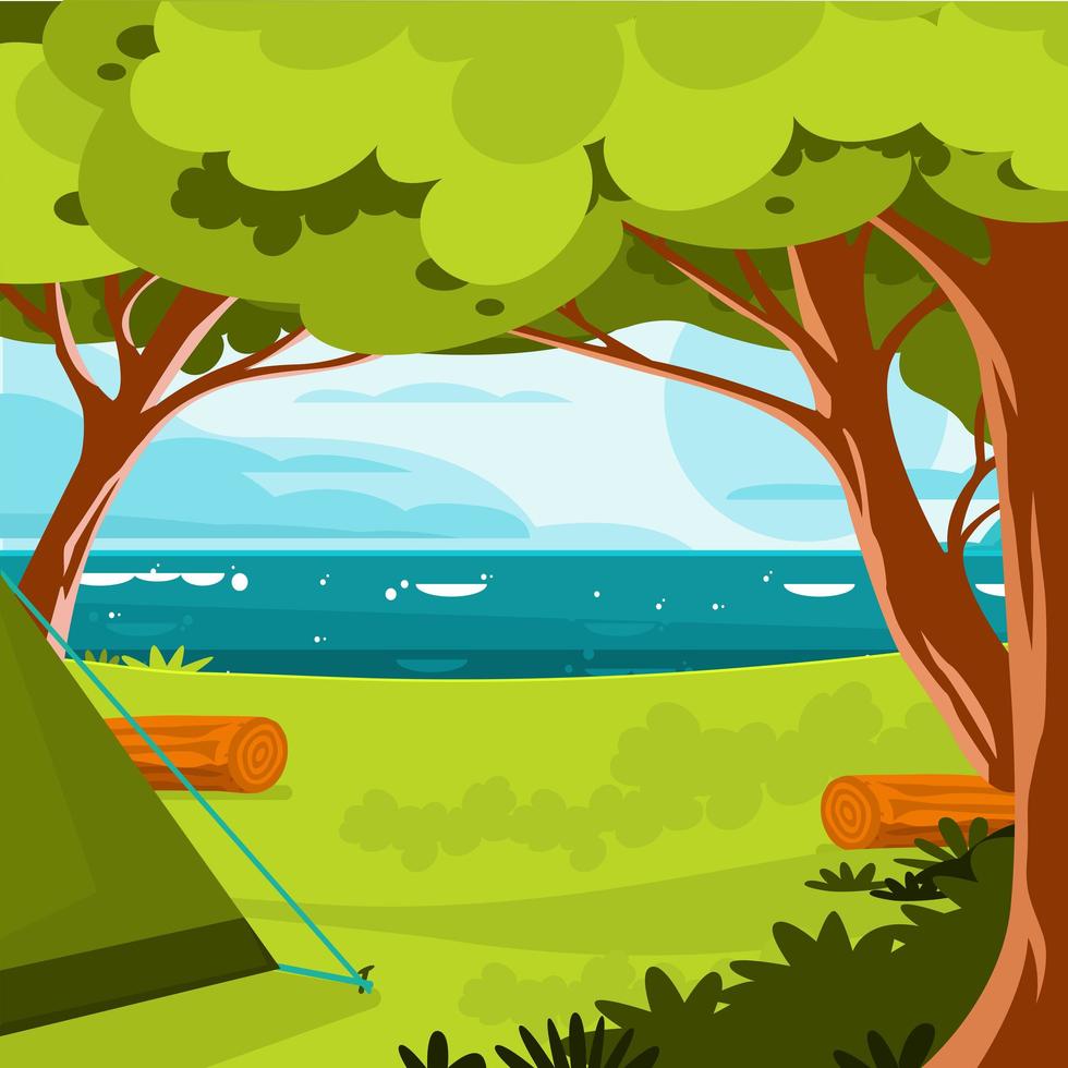 camping met uitzicht op het meer met groene boom en rivier achtergrond vector