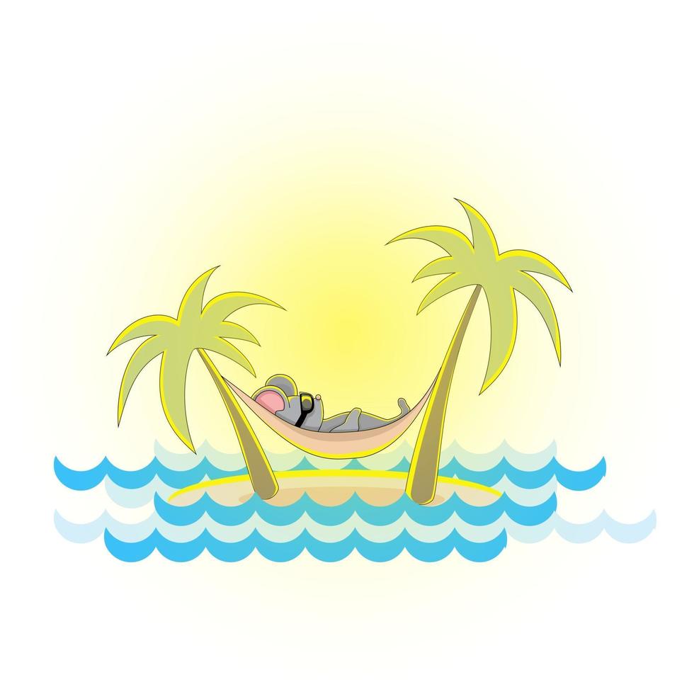 vector afbeelding van een muis op een hangmat tussen palmbomen aan zee