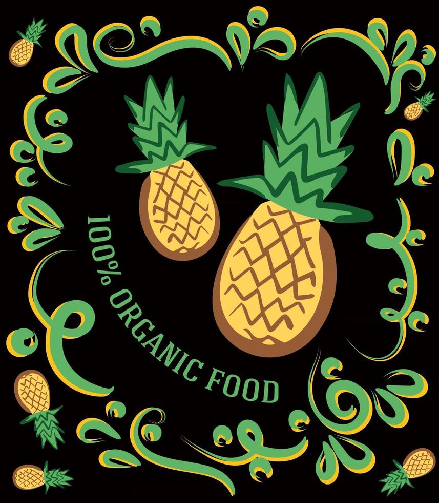 dit is een spectaculaire vintage illustratie op een donkere achtergrond met een ananas en de inscriptie 100 procent biologisch voedsel vector