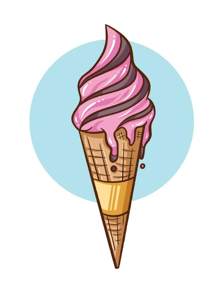 aardbei en chocola ijs room ijshoorntje met morsen ijs room vector illustratie geïsoleerd Aan verticaal wit en blauw achtergrond. gemakkelijk vlak geschetst tekenfilm voedsel tekening.