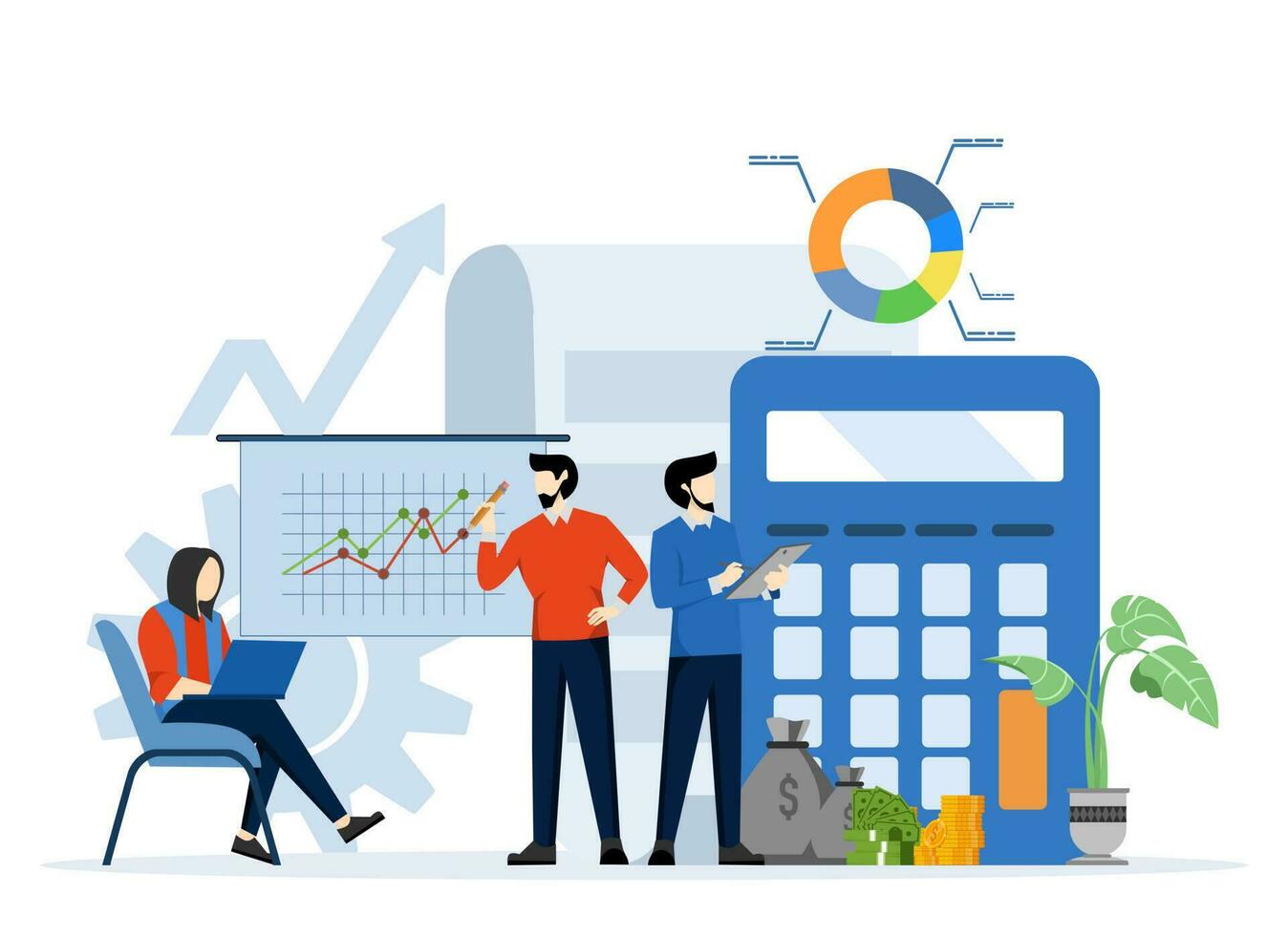 raadplegen een accountant. financieel beheer. zakenman berekent persoonlijk of bedrijf begroting, beheert financieel inkomen. analyseren bedrijf gegevens vector illustratie Aan wit achtergrond.