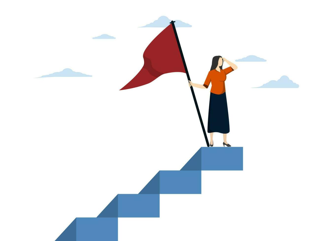 concept van leiderschap of uitdaging en prestatie vrouw, geslaagd ondernemer zonder angst, geslaagd ondernemer Bij top van carrière ladder Holding winnaar vlag op zoek voor toekomst visionair. vector