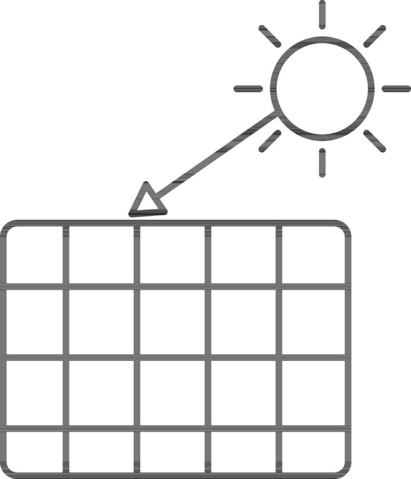 zonne- paneel met zon stralen icoon in zwart schets. vector