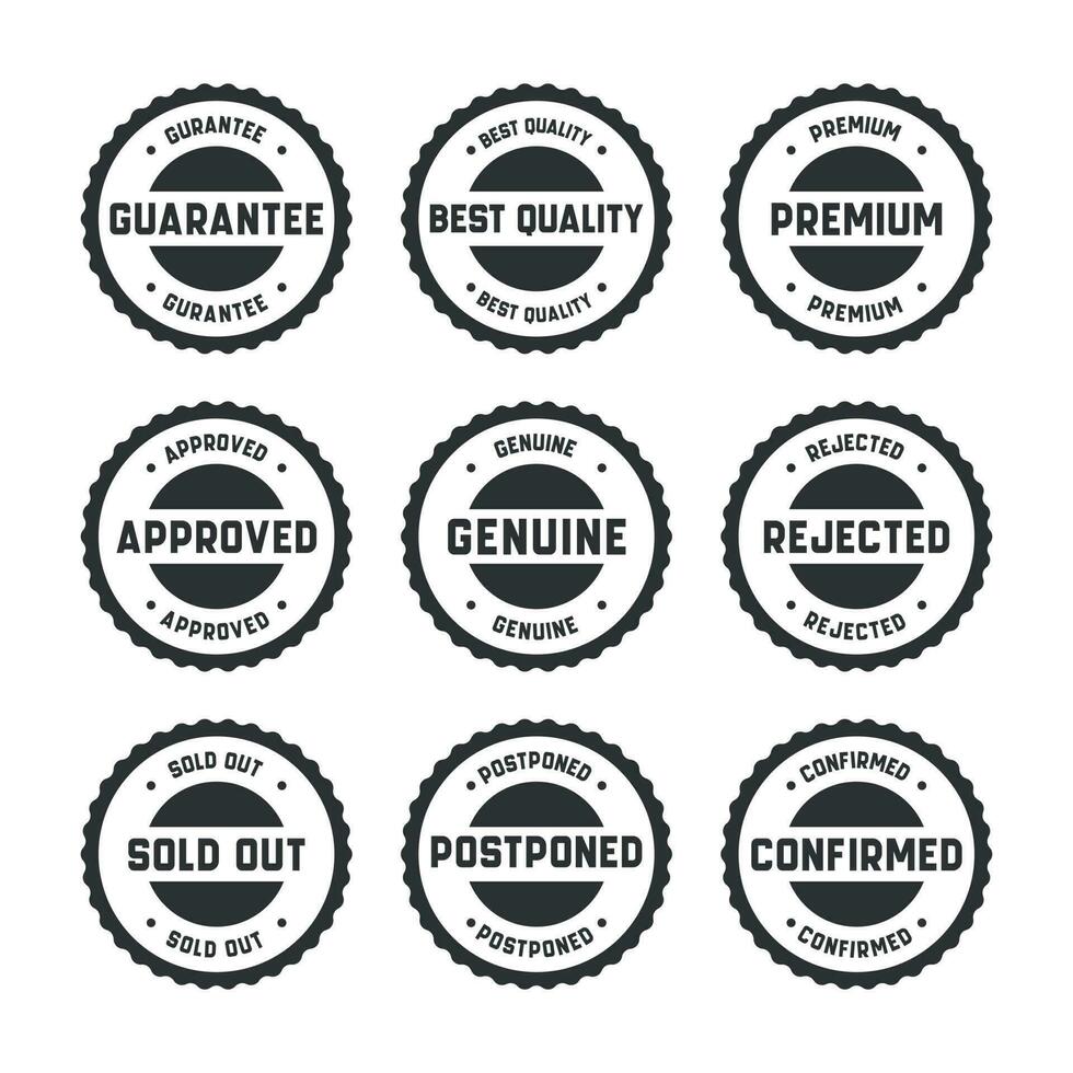 postzegel ontwerp reeks - premie kwaliteit, gegarandeerd, goedgekeurd, verkocht uit, uitgesteld, bevestigd, oprecht, origineel. vector