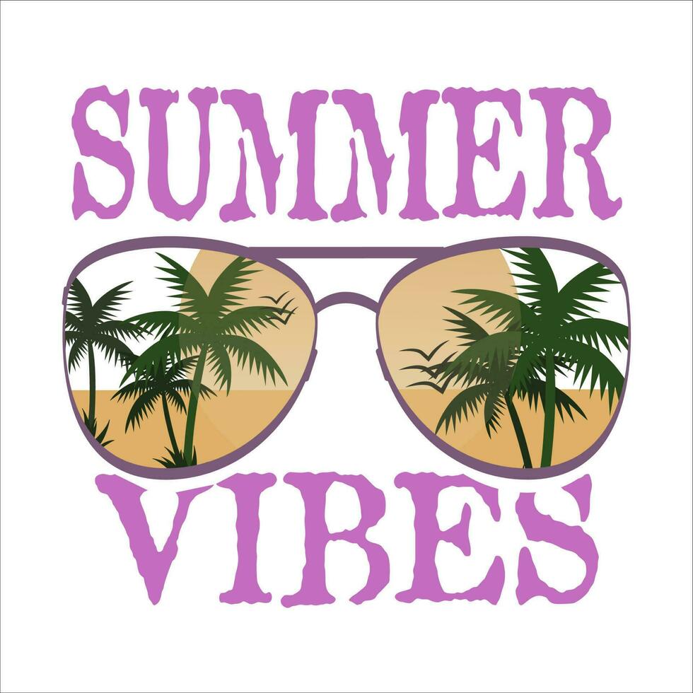 zonnebril met strand, palmen en zon in het. zomer gevoel woorden vector