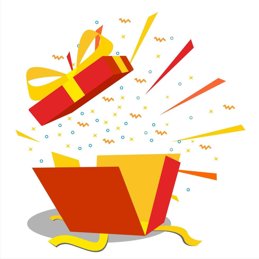 Open geschenk doos vector illustratie met geel boog en abstract partij decoratief