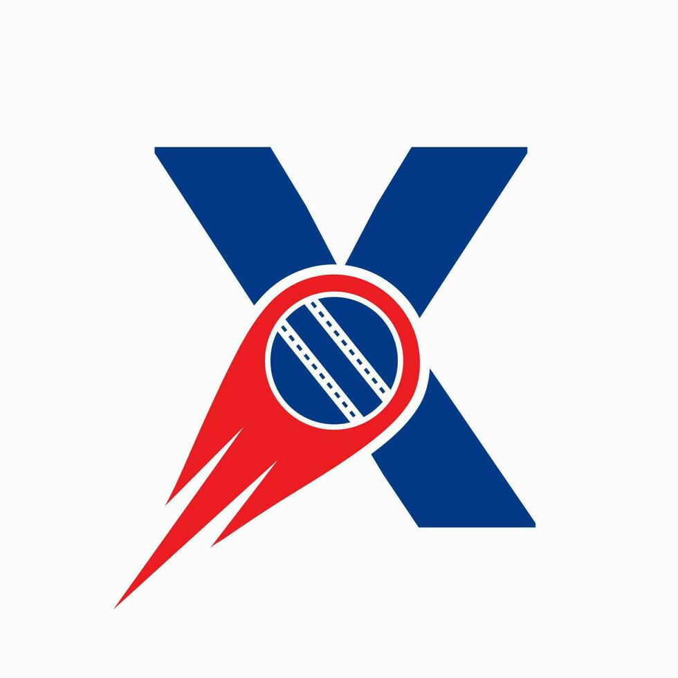 brief X krekel logo concept met in beweging bal icoon voor krekel club symbool. cricketspeler teken vector