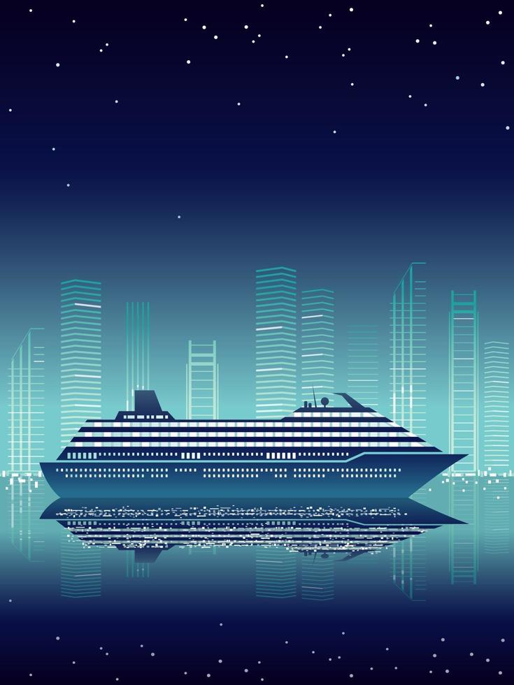 cruiseschip en stadsgezicht 's nachts met tekstruimte vector