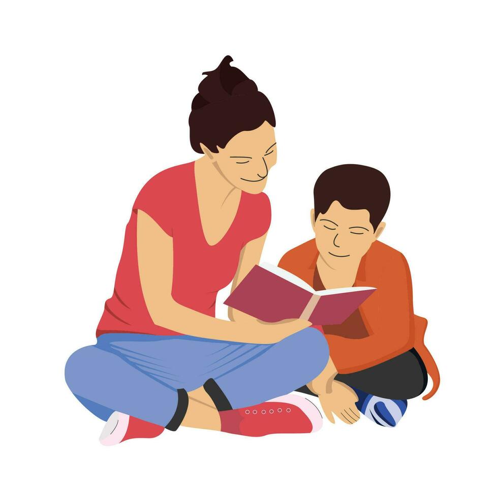 moeder onderwijs haar jong zoon door lezing een boek vlak vector tekening