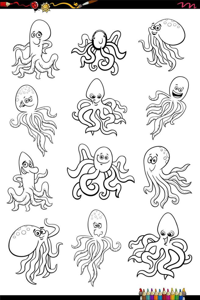 tekenfilm Octopus marinier dier tekens reeks kleur bladzijde vector